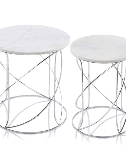 Set of Two White and Silver Marble and Metal Round Pedestal End Tables