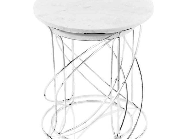 Set of Two White and Silver Marble and Metal Round Pedestal End Tables