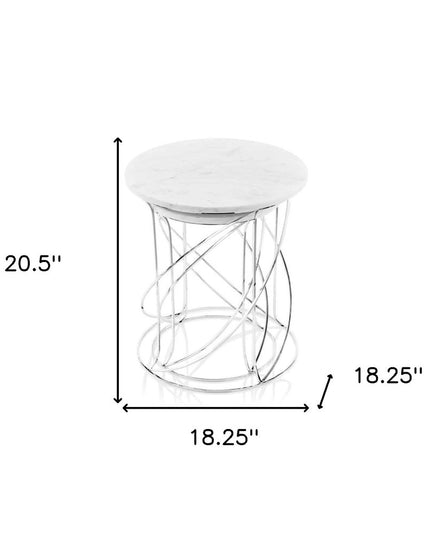 Set of Two White and Silver Marble and Metal Round Pedestal End Tables