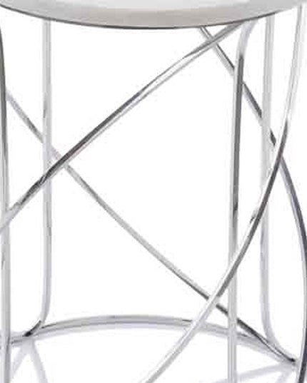 Set of Two White and Silver Marble and Metal Round Pedestal End Tables