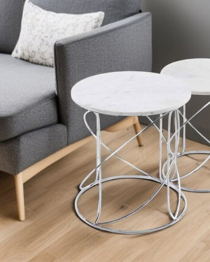 Set of Two White and Silver Marble and Metal Round Pedestal End Tables