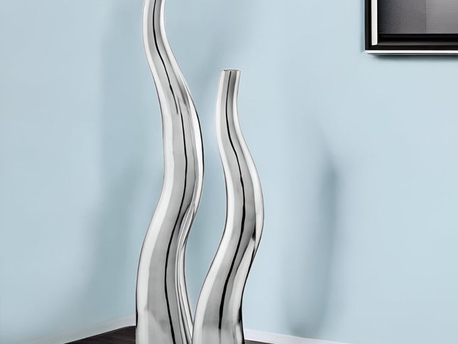 Set of Two Aluminum Silver Wavy Floor Vases