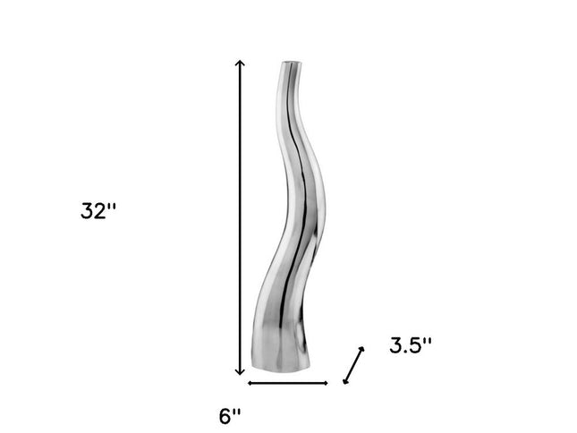 Set of Two Aluminum Silver Wavy Floor Vases