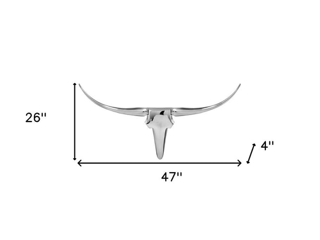 47" Silver Buffed Aluminum Long Horn Wall Sculpture