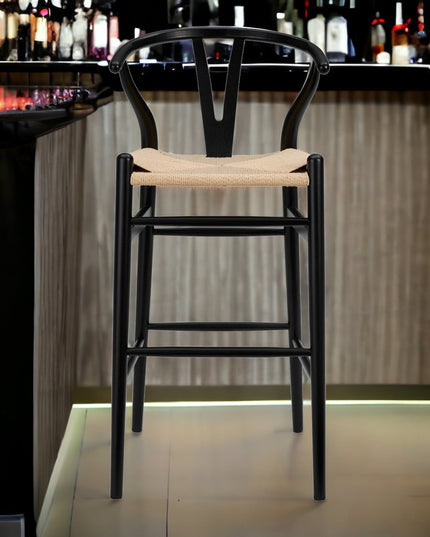 30" Natural And Black Solid Wood Low Back Counter Height Bar Chair