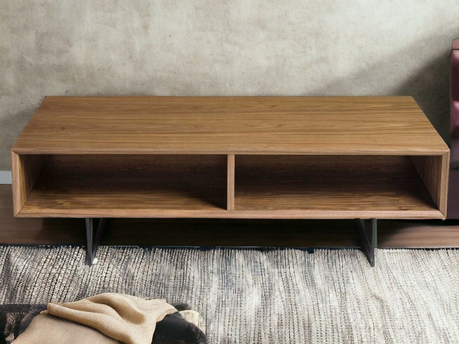 47" Brown and Black Wood And Metal Sled Coffee Table With Two Shelves