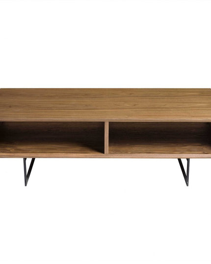 47" Brown and Black Wood And Metal Sled Coffee Table With Two Shelves