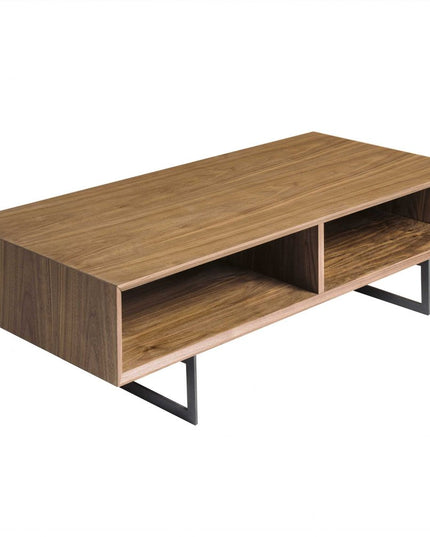 47" Brown and Black Wood And Metal Sled Coffee Table With Two Shelves