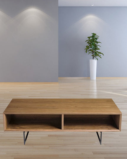 47" Brown and Black Wood And Metal Sled Coffee Table With Two Shelves