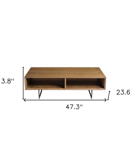 47" Brown and Black Wood And Metal Sled Coffee Table With Two Shelves