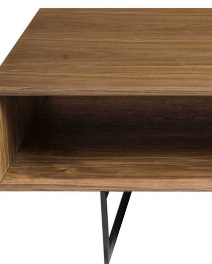 47" Brown and Black Wood And Metal Sled Coffee Table With Two Shelves