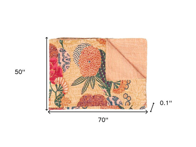 50" X 70" Orange and Red Kantha Cotton Floral Throw Blanket with Embroidery