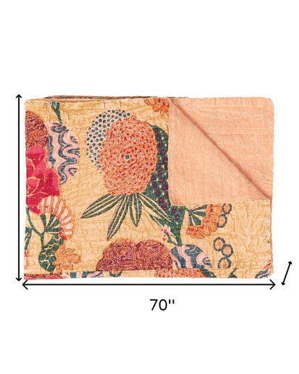 50" X 70" Orange and Red Kantha Cotton Floral Throw Blanket with Embroidery