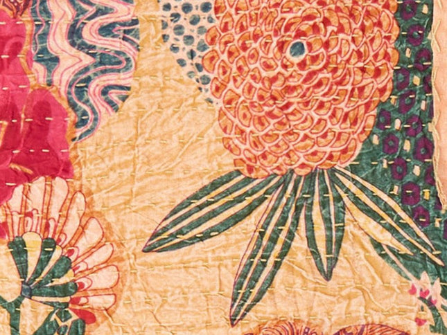 50" X 70" Orange and Red Kantha Cotton Floral Throw Blanket with Embroidery