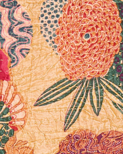 50" X 70" Orange and Red Kantha Cotton Floral Throw Blanket with Embroidery