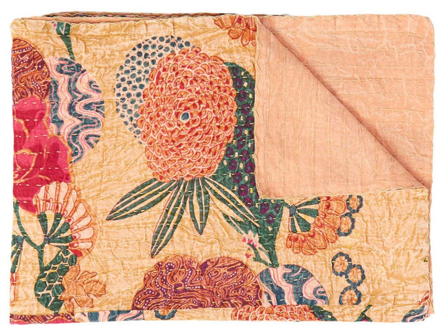 50" X 70" Orange and Red Kantha Cotton Floral Throw Blanket with Embroidery