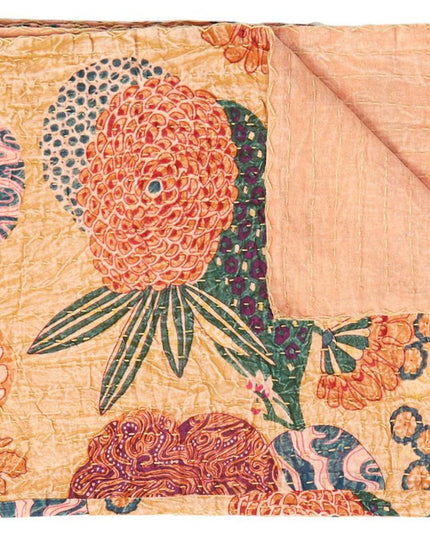 50" X 70" Orange and Red Kantha Cotton Floral Throw Blanket with Embroidery