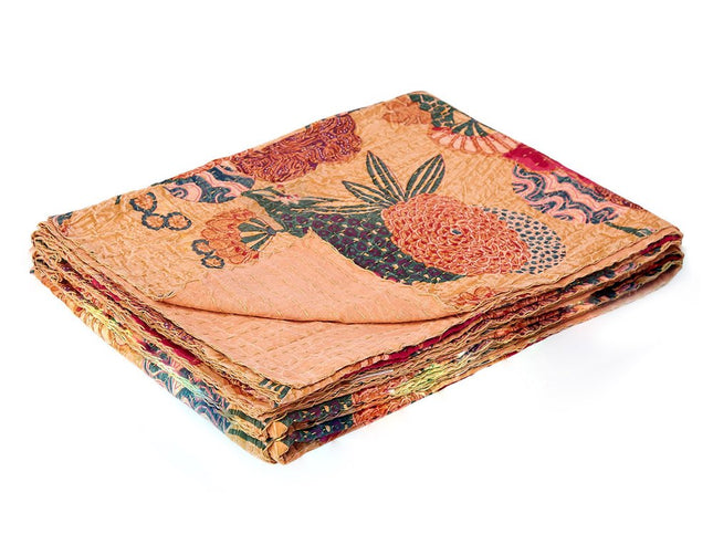 50" X 70" Orange and Red Kantha Cotton Floral Throw Blanket with Embroidery