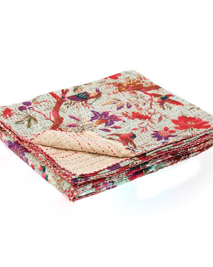 50" X 70" Pink and Ivory Kantha Cotton Floral Throw Blanket with Embroidery