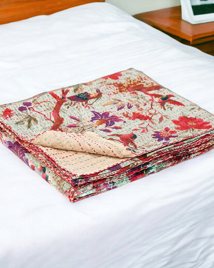 50" X 70" Pink and Ivory Kantha Cotton Floral Throw Blanket with Embroidery