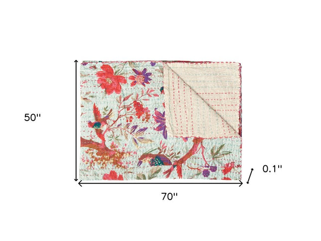 50" X 70" Pink and Ivory Kantha Cotton Floral Throw Blanket with Embroidery