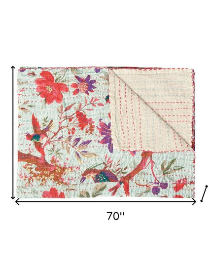 50" X 70" Pink and Ivory Kantha Cotton Floral Throw Blanket with Embroidery