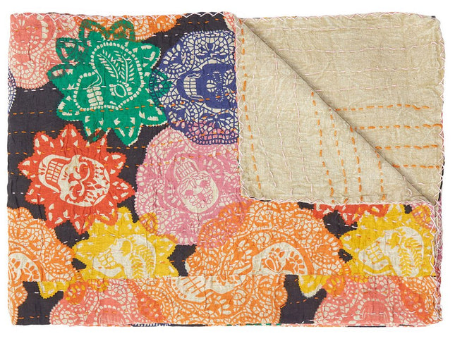 50" X 70" Black Green Red and Pink Kantha Cotton Patchwork Throw Blanket with Embroidery