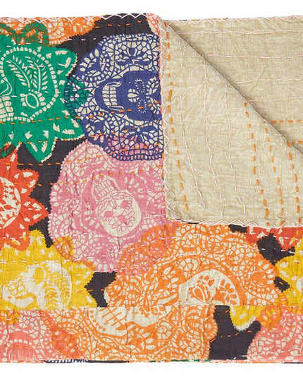 50" X 70" Black Green Red and Pink Kantha Cotton Patchwork Throw Blanket with Embroidery