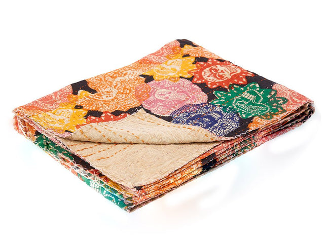 50" X 70" Black Green Red and Pink Kantha Cotton Patchwork Throw Blanket with Embroidery