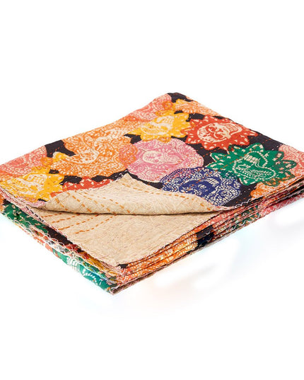 50" X 70" Black Green Red and Pink Kantha Cotton Patchwork Throw Blanket with Embroidery