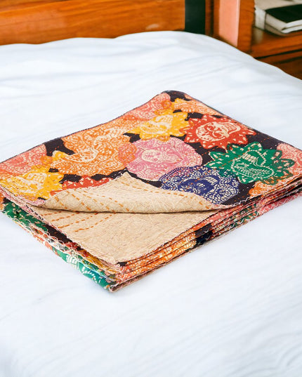 50" X 70" Black Green Red and Pink Kantha Cotton Patchwork Throw Blanket with Embroidery