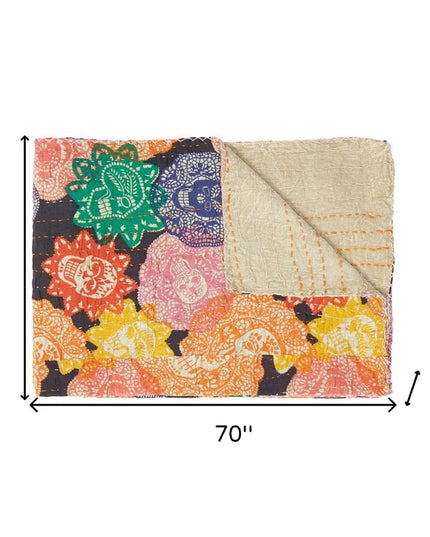 50" X 70" Black Green Red and Pink Kantha Cotton Patchwork Throw Blanket with Embroidery