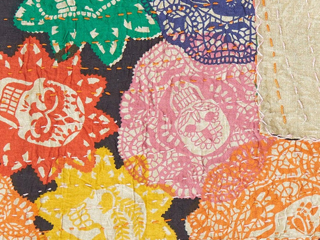 50" X 70" Black Green Red and Pink Kantha Cotton Patchwork Throw Blanket with Embroidery