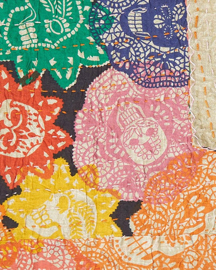 50" X 70" Black Green Red and Pink Kantha Cotton Patchwork Throw Blanket with Embroidery