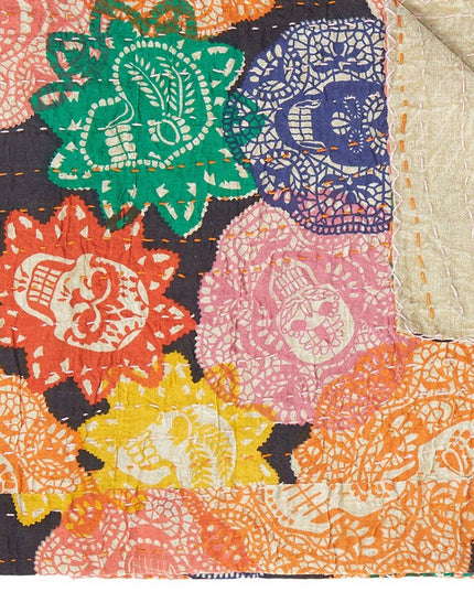 50" X 70" Black Green Red and Pink Kantha Cotton Patchwork Throw Blanket with Embroidery