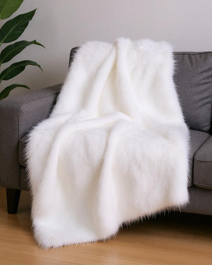 White Knitted Rabbit Solid Color Plush Reversable Throw