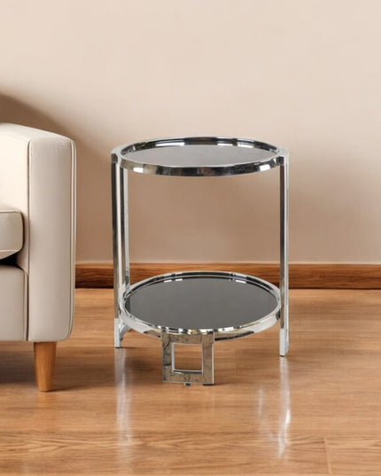 22" Silver Glass Round Mirrored End Table With Shelf