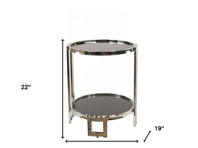 22" Silver Glass Round Mirrored End Table With Shelf