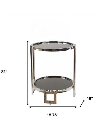 22" Silver Glass Round Mirrored End Table With Shelf