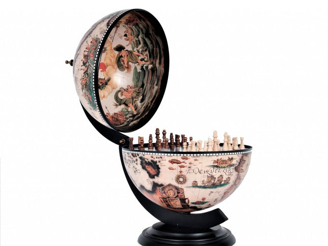 13" Brown And Black World Map Globe Chess Game Set