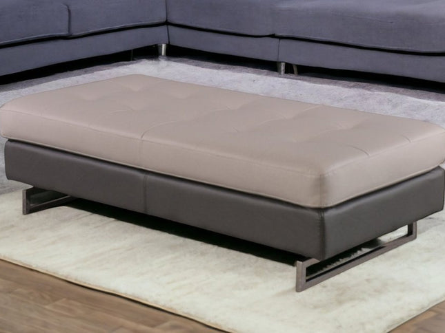 63" Taupe Brown and Silver Faux Leather Tufted Ottoman