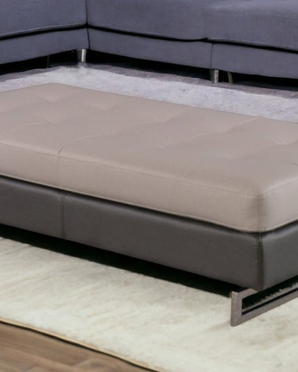 63" Taupe Brown and Silver Faux Leather Tufted Ottoman