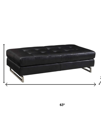 63" Black Tufted Faux Leather and Silver Ottoman