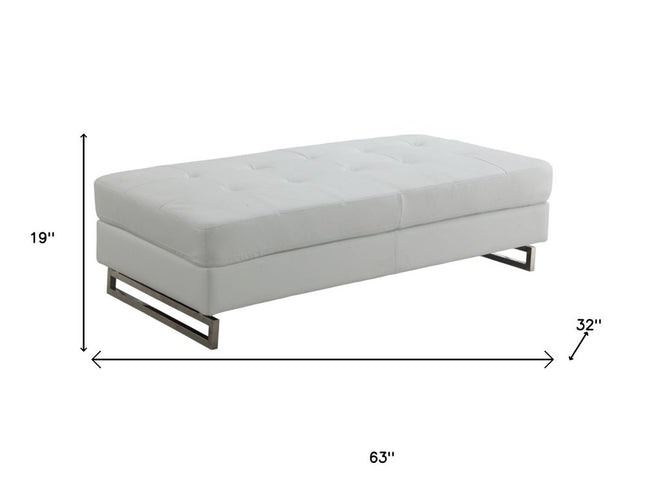 63" White and Silver Faux Leather Ottoman