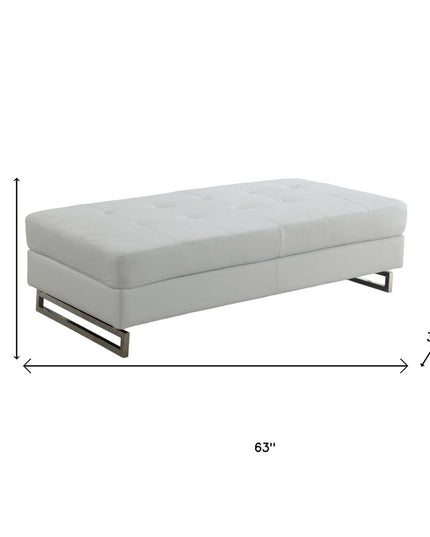 63" White and Silver Faux Leather Ottoman