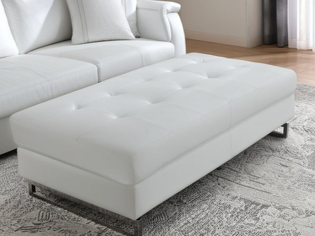 63" White and Silver Faux Leather Ottoman