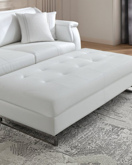 63" White and Silver Faux Leather Ottoman