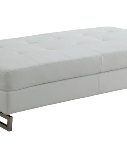 63" White and Silver Faux Leather Ottoman