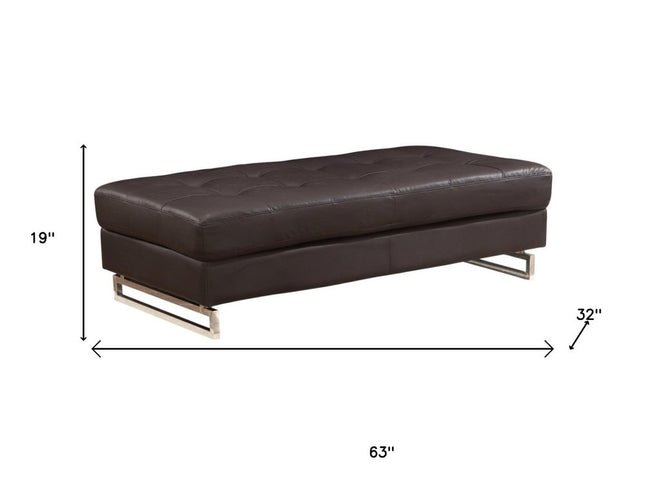 63" Brown and Silver Faux Leather Tufted Ottoman