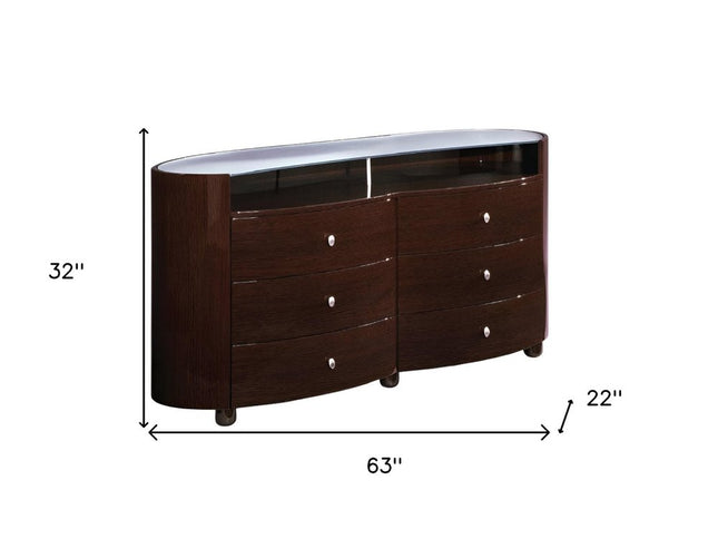 63" Brown Wood Six Drawer Dresser